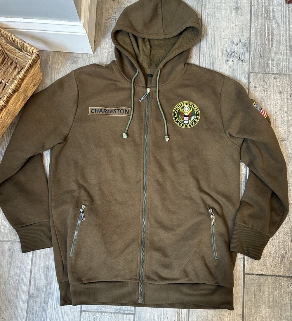 US Army Charleston SC Full Zip Hoodie Mens Large Olive Green Military